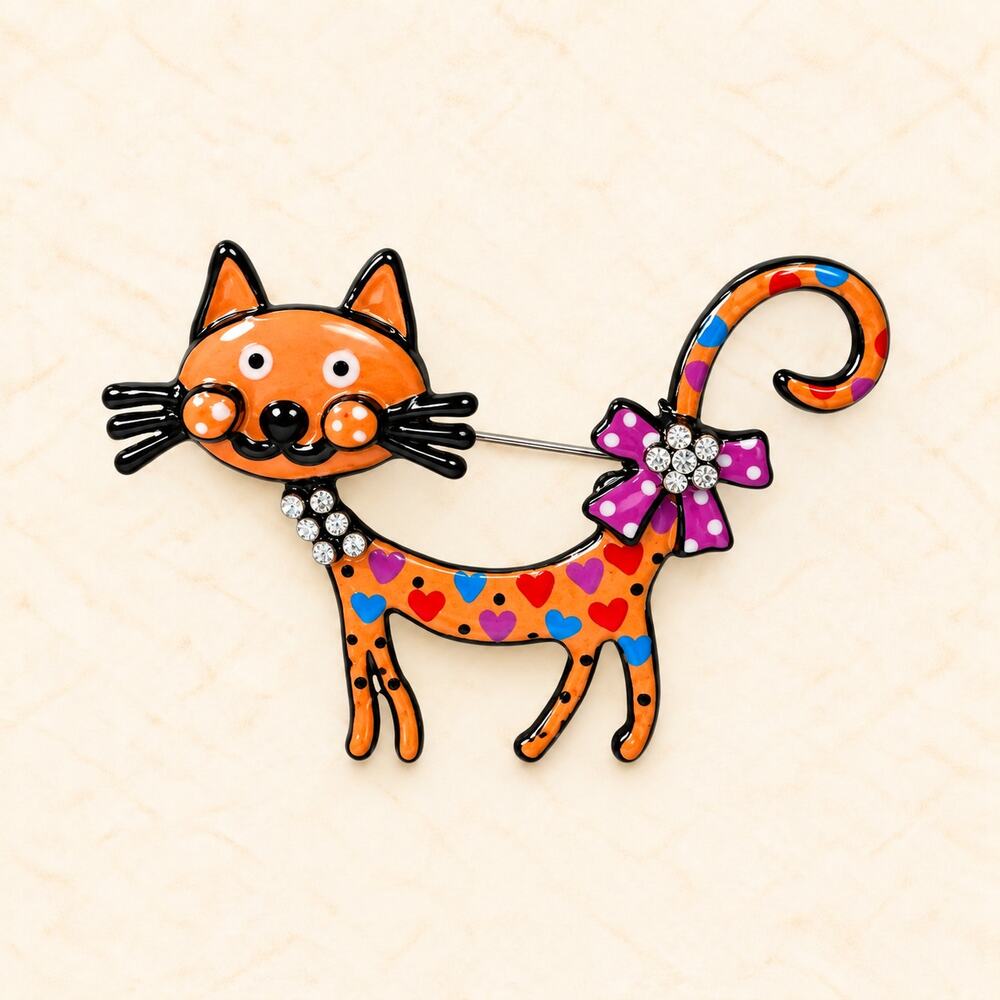 Whimsical Light Orange Cat Brooch Pin Colorful Hearts Rhinestone Bow CP166